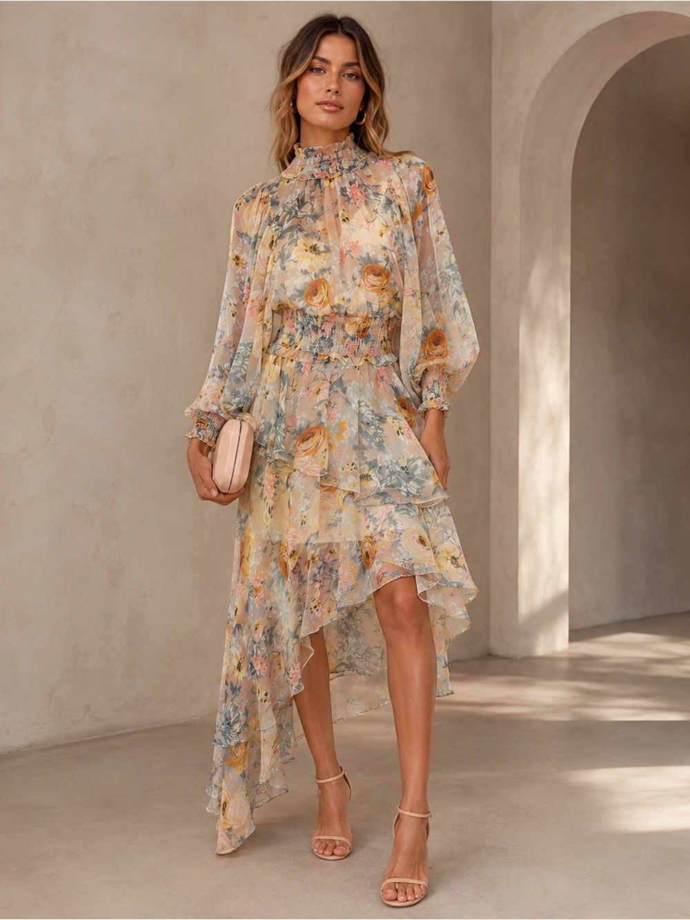 Elliatt Astrid Floral Chiffon High-Low Midi Dress S